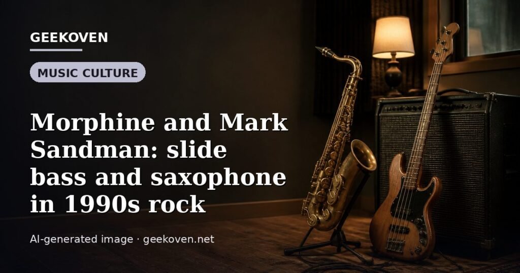 Illustration for the Music Culture article “Morphine and Mark Sandman: slide bass and saxophone in 1990s rock”: an AI-generated editorial illustration showing a scene illustrating the subject of the article, with the headline set over it. Illustrative only, not a photograph of a real event.