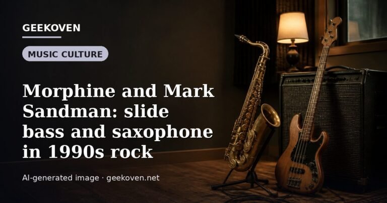 Illustration for the Music Culture article “Morphine and Mark Sandman: slide bass and saxophone in 1990s rock”: an AI-generated editorial illustration showing a scene illustrating the subject of the article, with the headline set over it. Illustrative only, not a photograph of a real event.