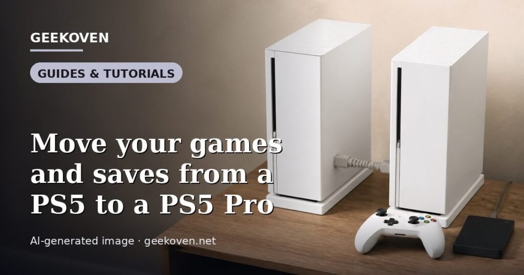 Illustration for the Guides & Tutorials article “Move your games and saves from a PS5 to a PS5 Pro”: an AI-generated editorial illustration showing a scene illustrating the subject of the article, with the headline set over it. Illustrative only, not a photograph of a real event.