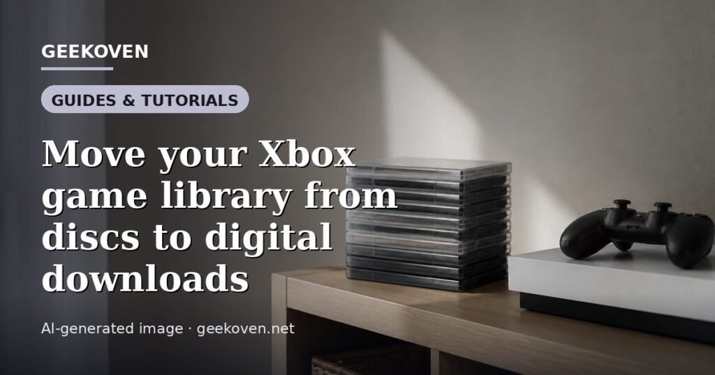 Illustration for the Guides & Tutorials article “Move your Xbox game library from discs to digital downloads”: an AI-generated editorial illustration showing a scene illustrating the subject of the article, with the headline set over it. Illustrative only, not a photograph of a real event.