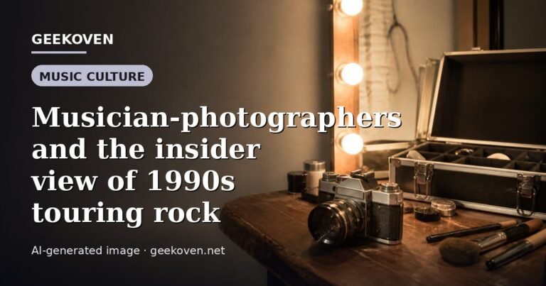 Illustration for the Music Culture article “Musician-photographers and the insider view of 1990s touring rock”: an AI-generated editorial illustration showing a scene illustrating the subject of the article, with the headline set over it. Illustrative only, not a photograph of a real event.
