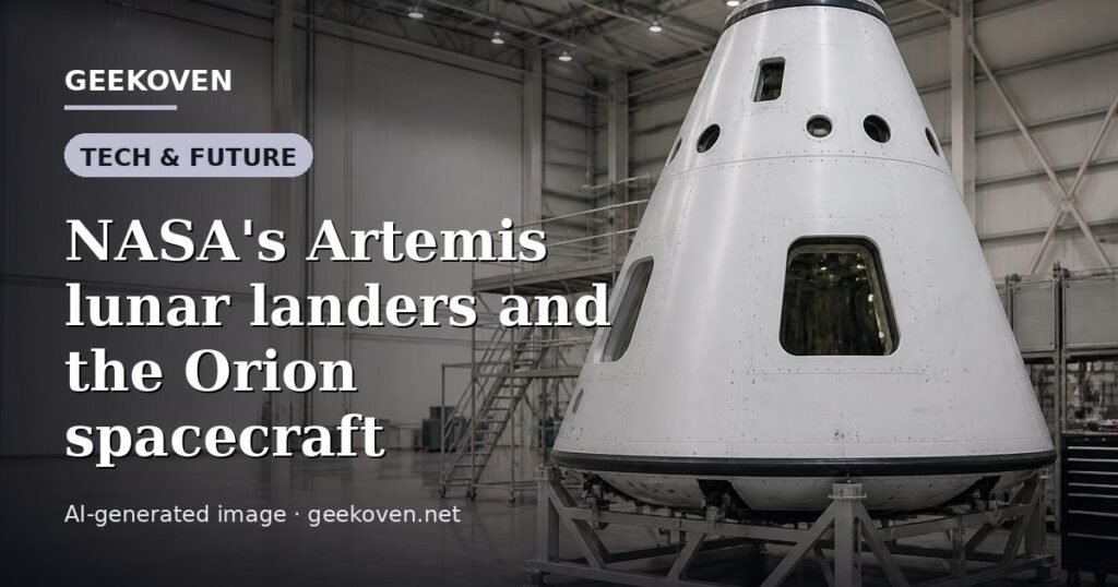 Illustration for the Tech & Future article “NASA's Artemis lunar landers and the Orion spacecraft”: an AI-generated editorial illustration showing a scene illustrating the subject of the article, with the headline set over it. Illustrative only, not a photograph of a real event.