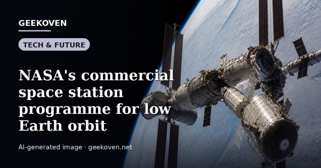 Illustration for the Tech & Future article “NASA's commercial space station programme for low Earth orbit”: an AI-generated editorial illustration showing a scene illustrating the subject of the article, with the headline set over it. Illustrative only, not a photograph of a real event.