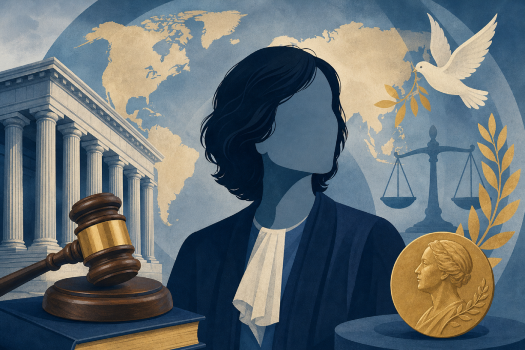 Illustration of a gavel and international courthouse columns over a world map, symbolizing international law and the Nobel Peace Prize.