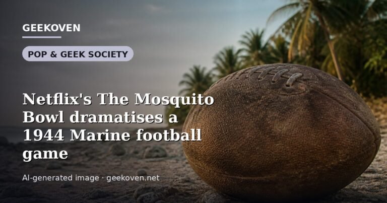 Illustration for the Pop & Geek Society article “Netflix's The Mosquito Bowl dramatises a 1944 Marine football game”: an AI-generated editorial illustration showing an empty training ground at dawn with cones and markers laid out, with the headline set over it. Illustrative only, not a photograph of a real event.