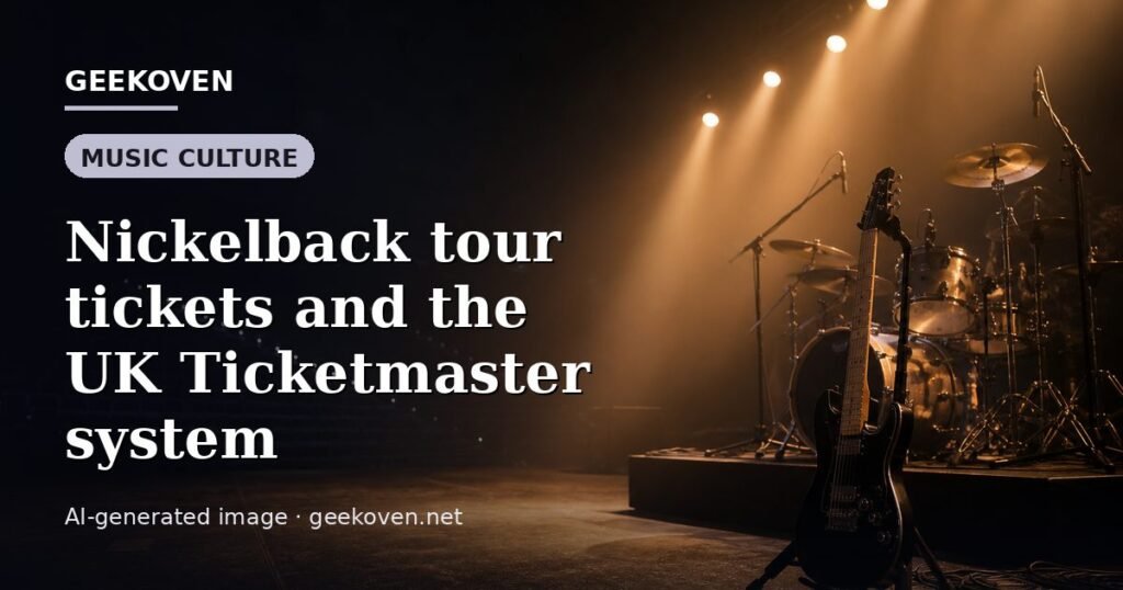 Illustration for the Music Culture article “Nickelback tour tickets and the UK Ticketmaster system”: an AI-generated editorial illustration showing a scene illustrating the subject of the article, with the headline set over it. Illustrative only, not a photograph of a real event.
