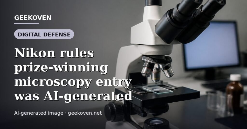 Illustration for the Digital Defense article “Nikon rules prize-winning microscopy entry was AI-generated”: an AI-generated editorial illustration showing a scene illustrating the subject of the article, with the headline set over it. Illustrative only, not a photograph of a real event.