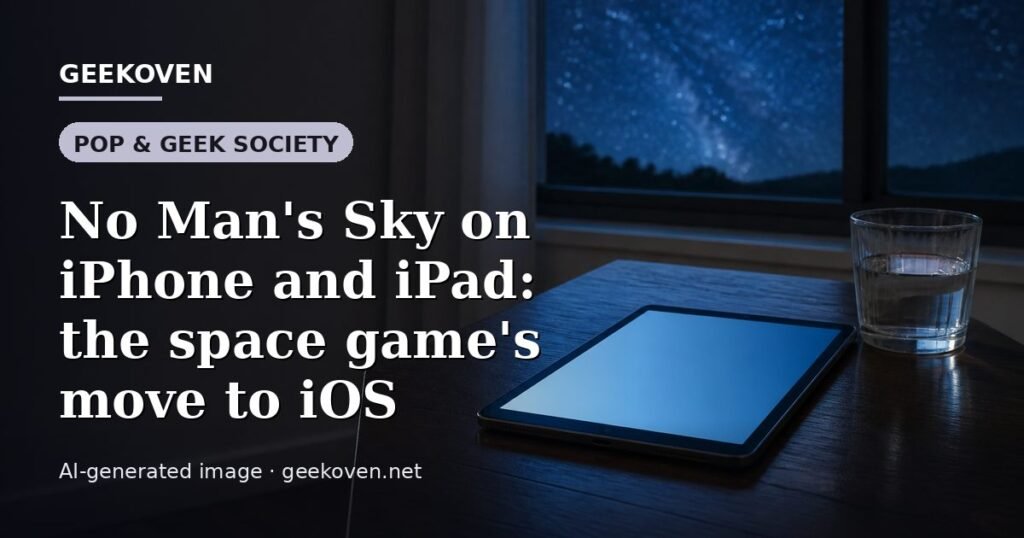 Illustration for the Pop & Geek Society article “No Man's Sky on iPhone and iPad: the space game's move to iOS”: an AI-generated editorial illustration showing a studio workspace seen from above, with a production timeline across the wall, with the headline set over it. Illustrative only, not a photograph of a real event.