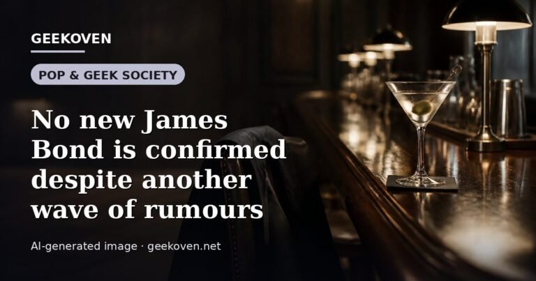 Illustration for the Pop & Geek Society article “No new James Bond is confirmed despite another wave of rumours”: an AI-generated editorial illustration showing a scene illustrating the subject of the article, with the headline set over it. Illustrative only, not a photograph of a real event.