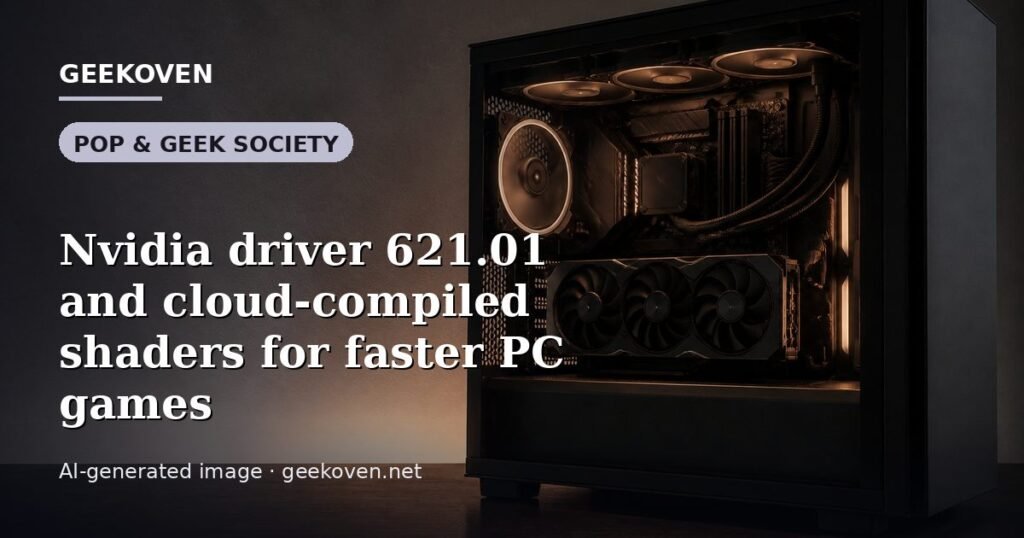 Illustration for the Pop & Geek Society article “Nvidia driver 621.01 and cloud-compiled shaders for faster PC games”: an AI-generated editorial illustration showing a scene illustrating the subject of the article, with the headline set over it. Illustrative only, not a photograph of a real event.