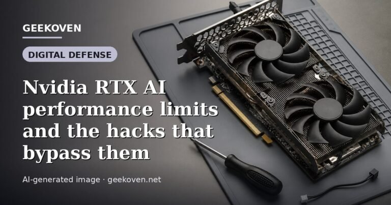 Illustration for the Digital Defense article “Nvidia RTX AI performance limits and the hacks that bypass them”: an AI-generated editorial illustration showing a scene illustrating the subject of the article, with the headline set over it. Illustrative only, not a photograph of a real event.