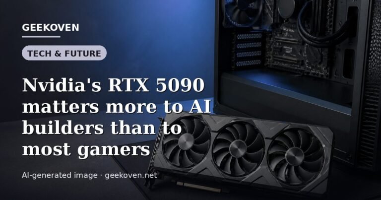 Illustration for the Tech & Future article “Nvidia's RTX 5090 matters more to AI builders than to most gamers”: an AI-generated editorial illustration showing a scene illustrating the subject of the article, with the headline set over it. Illustrative only, not a photograph of a real event.