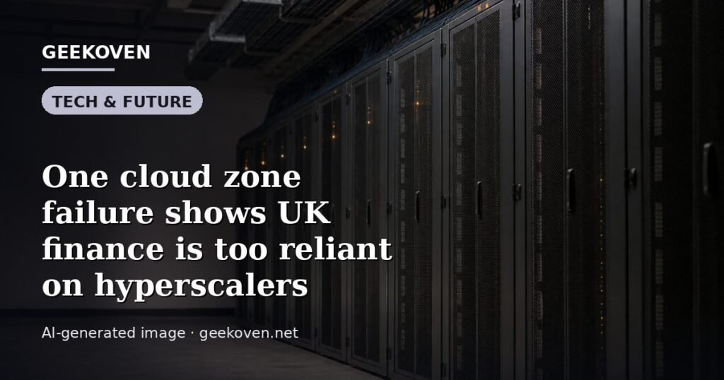 Illustration for the Tech & Future article “One cloud zone failure shows UK finance is too reliant on hyperscalers”: an AI-generated editorial illustration showing a scene illustrating the subject of the article, with the headline set over it. Illustrative only, not a photograph of a real event.