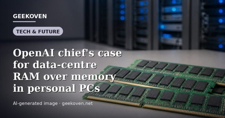 Illustration for the Tech & Future article “OpenAI chief's case for data-centre RAM over memory in personal PCs”: an AI-generated editorial illustration showing a server hall with long rows of equipment cabinets and power infrastructure, with the headline set over it. Illustrative only, not a photograph of a real event.