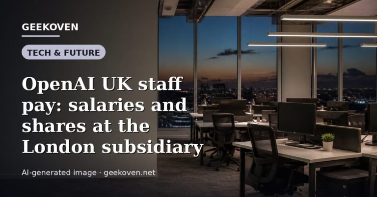 Illustration for the Tech & Future article “OpenAI UK staff pay: salaries and shares at the London subsidiary”: an AI-generated editorial illustration showing a scene illustrating the subject of the article, with the headline set over it. Illustrative only, not a photograph of a real event.