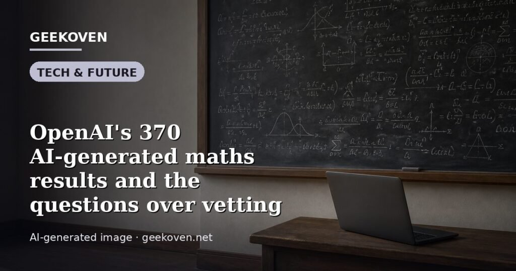 Illustration for the Tech & Future article “OpenAI's 370 AI-generated maths results and the questions over vetting”: an AI-generated editorial illustration showing a scene illustrating the subject of the article, with the headline set over it. Illustrative only, not a photograph of a real event.