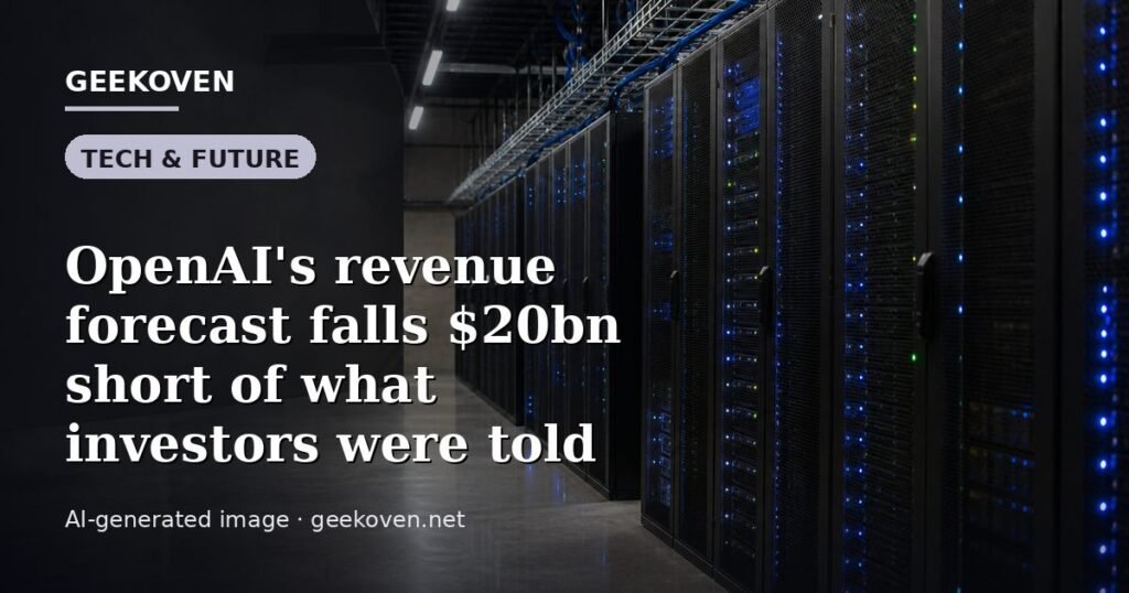 Illustration for the Tech & Future article “OpenAI's revenue forecast falls $20bn short of what investors were told”: an AI-generated editorial illustration showing a scene illustrating the subject of the article, with the headline set over it. Illustrative only, not a photograph of a real event.