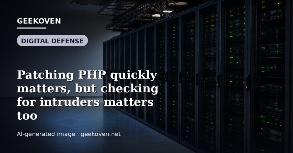 Illustration for the Digital Defense article “Patching PHP quickly matters, but checking for intruders matters too”: an AI-generated editorial illustration showing a scene illustrating the subject of the article, with the headline set over it. Illustrative only, not a photograph of a real event.
