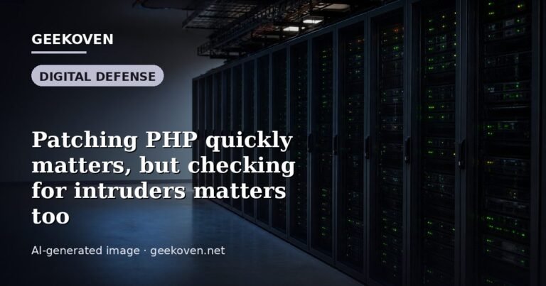 Illustration for the Digital Defense article “Patching PHP quickly matters, but checking for intruders matters too”: an AI-generated editorial illustration showing a scene illustrating the subject of the article, with the headline set over it. Illustrative only, not a photograph of a real event.