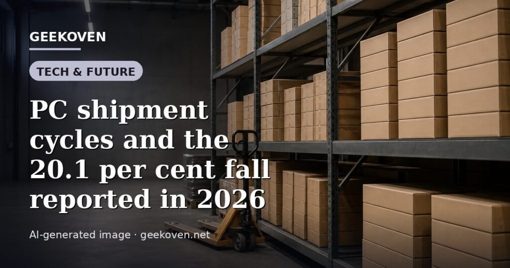 Illustration for the Tech & Future article “PC shipment cycles and the 20.1 per cent fall reported in 2026”: an AI-generated editorial illustration showing a scene illustrating the subject of the article, with the headline set over it. Illustrative only, not a photograph of a real event.