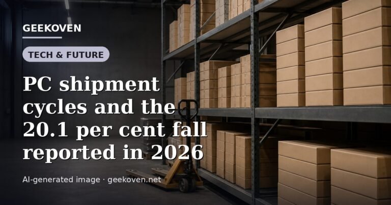 Illustration for the Tech & Future article “PC shipment cycles and the 20.1 per cent fall reported in 2026”: an AI-generated editorial illustration showing a scene illustrating the subject of the article, with the headline set over it. Illustrative only, not a photograph of a real event.