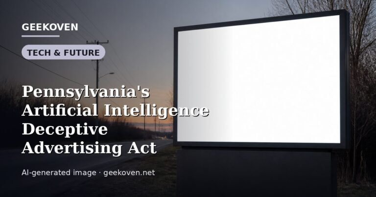 Illustration for the Tech & Future article “Pennsylvania's Artificial Intelligence Deceptive Advertising Act”: an AI-generated editorial illustration showing a scene illustrating the subject of the article, with the headline set over it. Illustrative only, not a photograph of a real event.