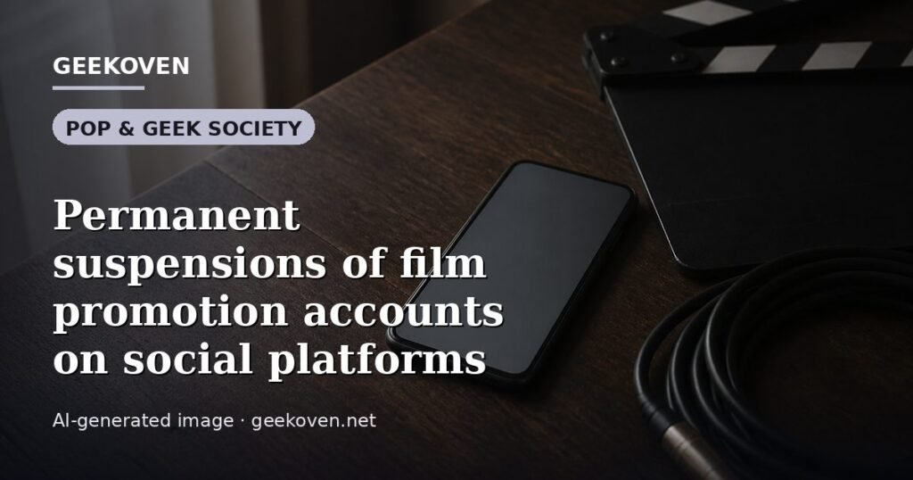 Illustration for the Pop & Geek Society article “Permanent suspensions of film promotion accounts on social platforms”: an AI-generated editorial illustration showing a scene illustrating the subject of the article, with the headline set over it. Illustrative only, not a photograph of a real event.