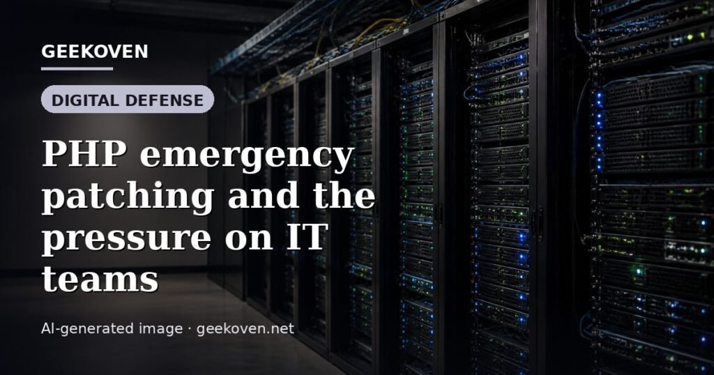 Illustration for the Digital Defense article “PHP emergency patching and the pressure on IT teams”: an AI-generated editorial illustration showing a scene illustrating the subject of the article, with the headline set over it. Illustrative only, not a photograph of a real event.