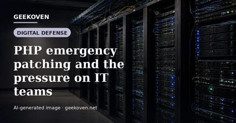 Illustration for the Digital Defense article “PHP emergency patching and the pressure on IT teams”: an AI-generated editorial illustration showing a scene illustrating the subject of the article, with the headline set over it. Illustrative only, not a photograph of a real event.