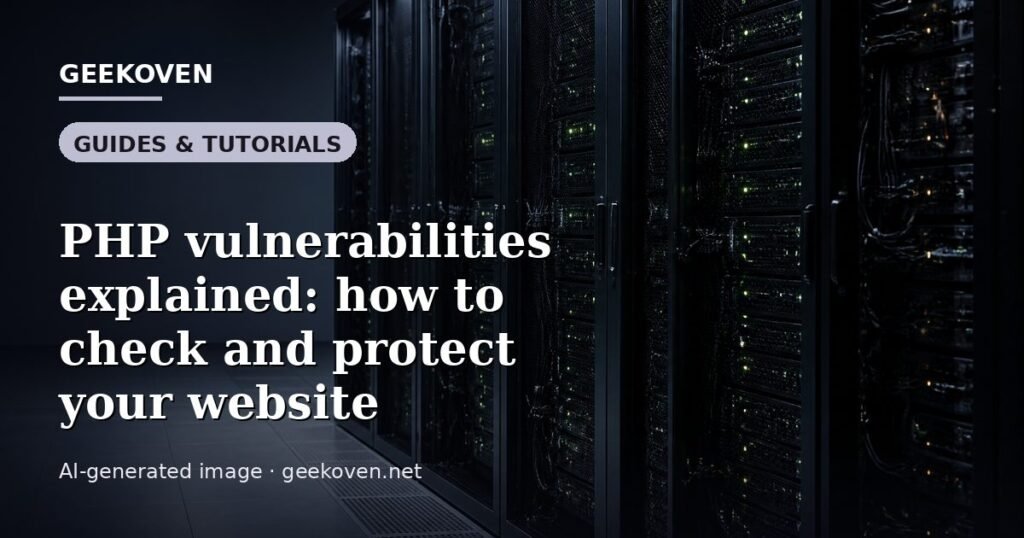 Illustration for the Guides & Tutorials article “PHP vulnerabilities explained: how to check and protect your website”: an AI-generated editorial illustration showing a scene illustrating the subject of the article, with the headline set over it. Illustrative only, not a photograph of a real event.