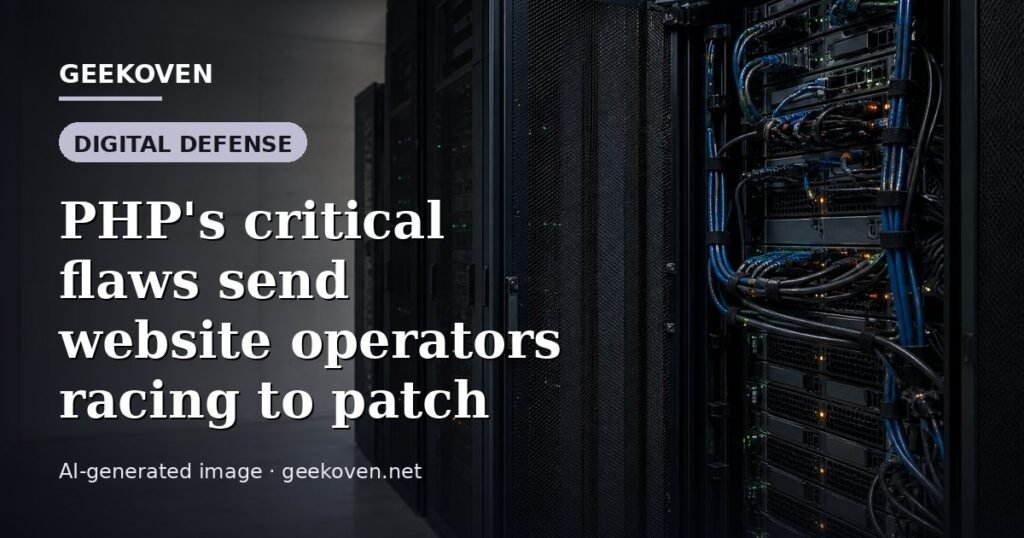 Illustration for the Digital Defense article “PHP's critical flaws send website operators racing to patch”: an AI-generated editorial illustration showing a scene illustrating the subject of the article, with the headline set over it. Illustrative only, not a photograph of a real event.