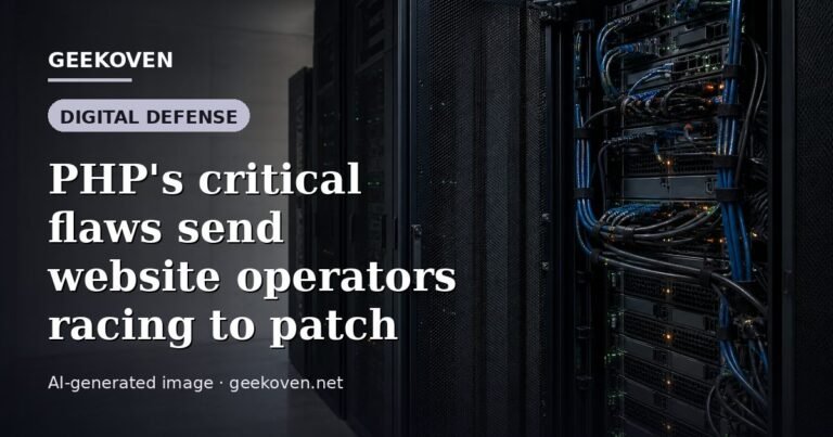 Illustration for the Digital Defense article “PHP's critical flaws send website operators racing to patch”: an AI-generated editorial illustration showing a scene illustrating the subject of the article, with the headline set over it. Illustrative only, not a photograph of a real event.