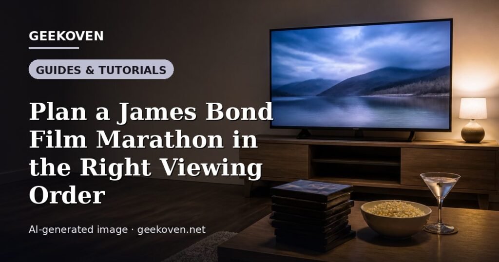 Illustration for the Guides & Tutorials article “Plan a James Bond Film Marathon in the Right Viewing Order”: an AI-generated editorial illustration showing a scene illustrating the subject of the article, with the headline set over it. Illustrative only, not a photograph of a real event.