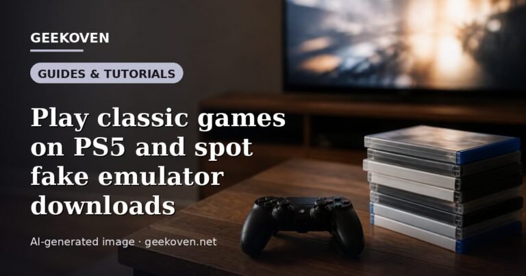 Illustration for the Guides & Tutorials article “Play classic games on PS5 and spot fake emulator downloads”: an AI-generated editorial illustration showing a scene illustrating the subject of the article, with the headline set over it. Illustrative only, not a photograph of a real event.