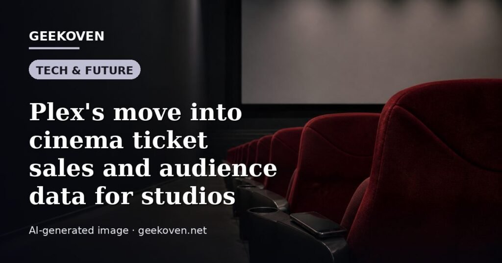 Illustration for the Tech & Future article “Plex's move into cinema ticket sales and audience data for studios”: an AI-generated editorial illustration showing a stadium crowd seen from high above, lights arranged in coordinated patterns, with the headline set over it. Illustrative only, not a photograph of a real event.