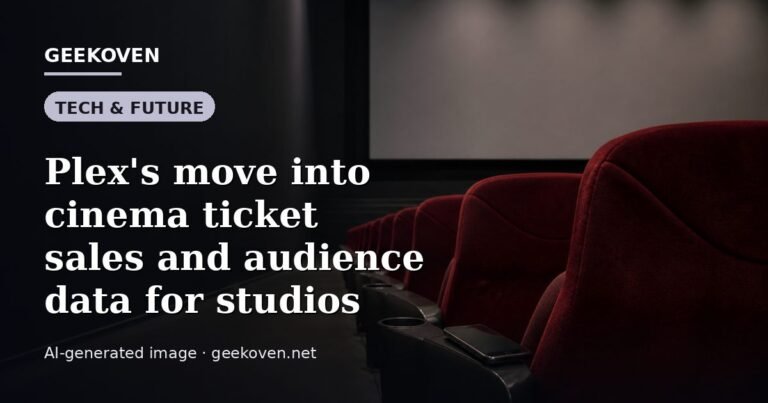 Illustration for the Tech & Future article “Plex's move into cinema ticket sales and audience data for studios”: an AI-generated editorial illustration showing a stadium crowd seen from high above, lights arranged in coordinated patterns, with the headline set over it. Illustrative only, not a photograph of a real event.
