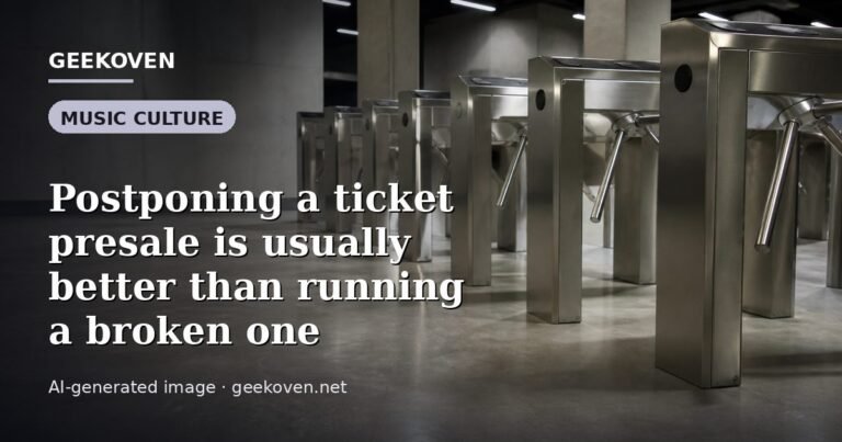 Illustration for the Music Culture article “Postponing a ticket presale is usually better than running a broken one”: an AI-generated editorial illustration showing a scene illustrating the subject of the article, with the headline set over it. Illustrative only, not a photograph of a real event.