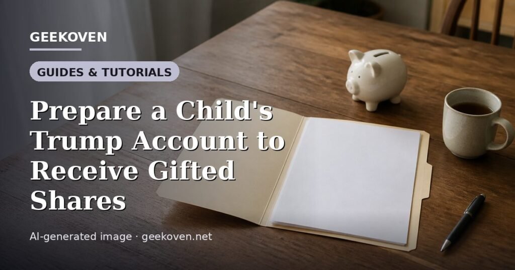 Illustration for the Guides & Tutorials article “Prepare a Child's Trump Account to Receive Gifted Shares”: an AI-generated editorial illustration showing a scene illustrating the subject of the article, with the headline set over it. Illustrative only, not a photograph of a real event.