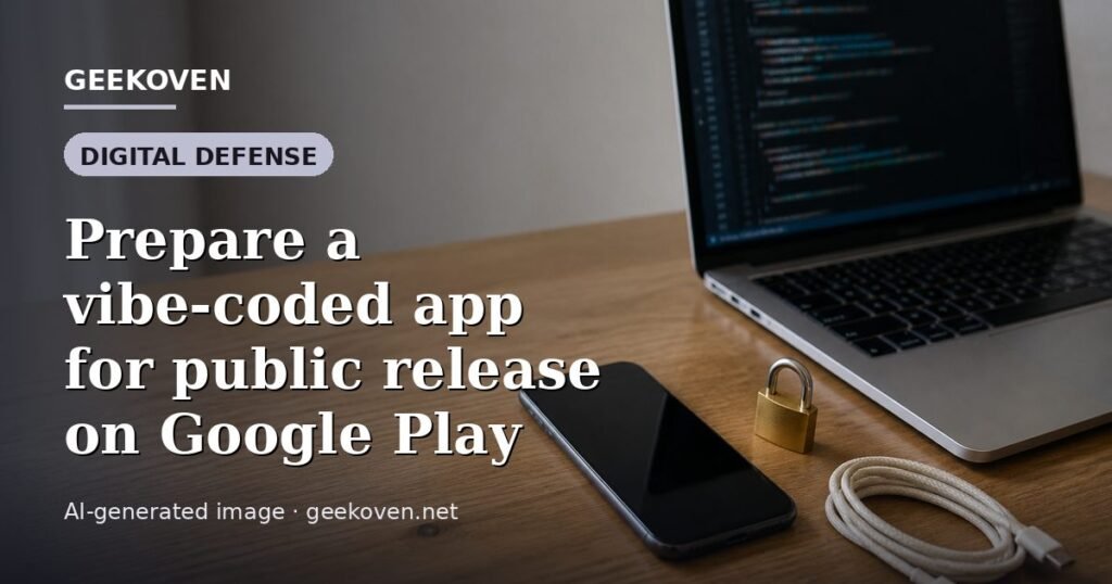 Illustration for the Digital Defense article “Prepare a vibe-coded app for public release on Google Play”: an AI-generated editorial illustration showing a scene illustrating the subject of the article, with the headline set over it. Illustrative only, not a photograph of a real event.