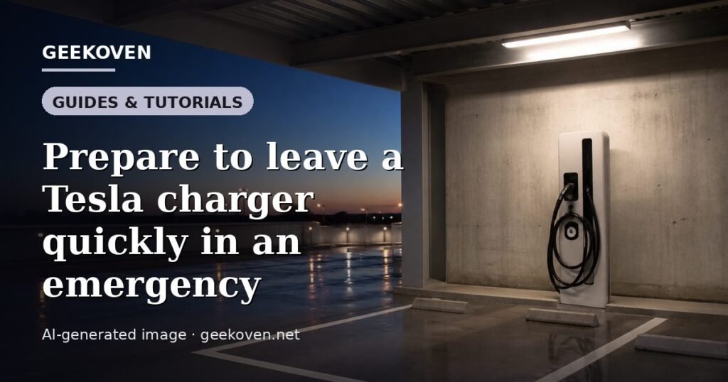 Illustration for the Guides & Tutorials article “Prepare to leave a Tesla charger quickly in an emergency”: an AI-generated editorial illustration showing a scene illustrating the subject of the article, with the headline set over it. Illustrative only, not a photograph of a real event.