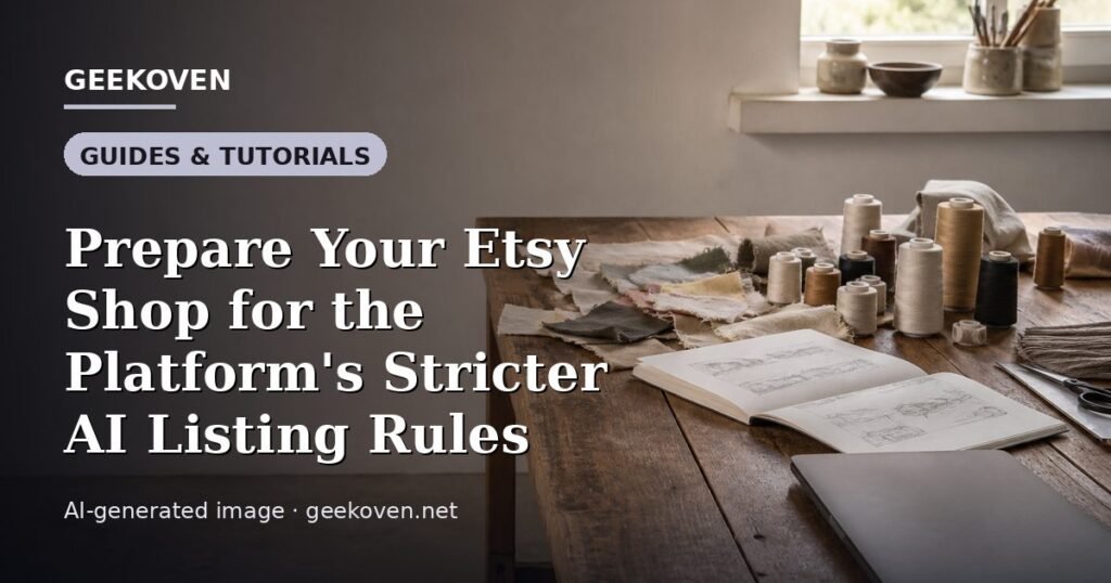 Illustration for the Guides & Tutorials article “Prepare Your Etsy Shop for the Platform's Stricter AI Listing Rules”: an AI-generated editorial illustration showing a scene illustrating the subject of the article, with the headline set over it. Illustrative only, not a photograph of a real event.
