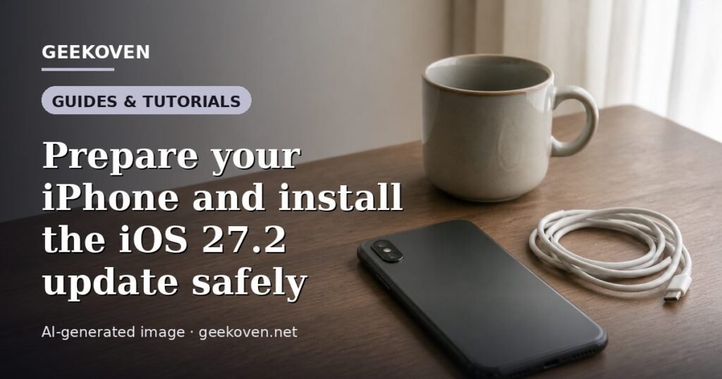 Illustration for the Guides & Tutorials article “Prepare your iPhone and install the iOS 27.2 update safely”: an AI-generated editorial illustration showing a scene illustrating the subject of the article, with the headline set over it. Illustrative only, not a photograph of a real event.