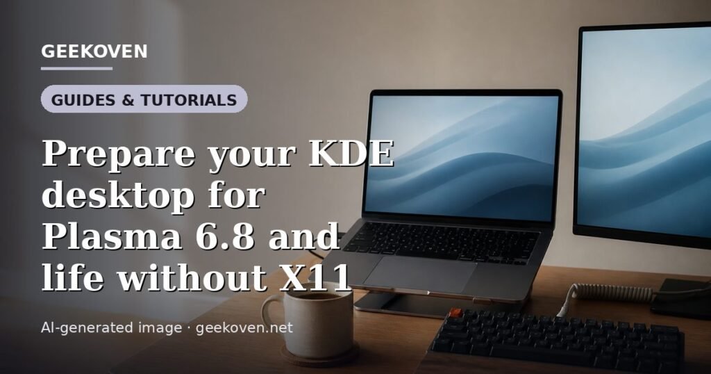 Illustration for the Guides & Tutorials article “Prepare your KDE desktop for Plasma 6.8 and life without X11”: an AI-generated editorial illustration showing a scene illustrating the subject of the article, with the headline set over it. Illustrative only, not a photograph of a real event.