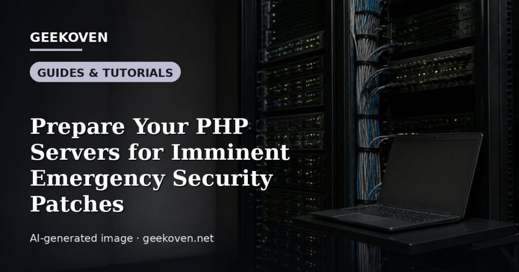 Illustration for the Guides & Tutorials article “Prepare Your PHP Servers for Imminent Emergency Security Patches”: an AI-generated editorial illustration showing a scene illustrating the subject of the article, with the headline set over it. Illustrative only, not a photograph of a real event.