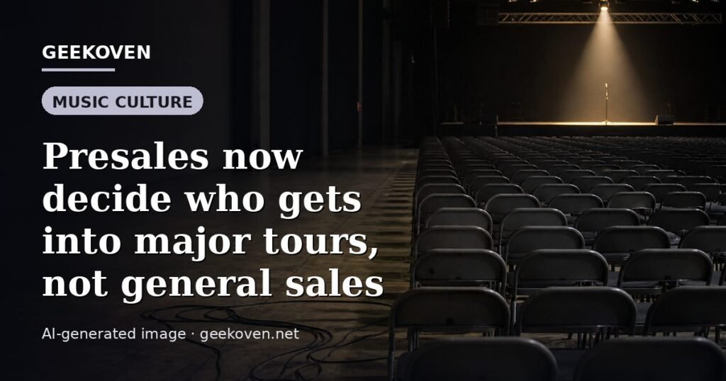 Illustration for the Music Culture article “Presales now decide who gets into major tours, not general sales”: an AI-generated editorial illustration showing a scene illustrating the subject of the article, with the headline set over it. Illustrative only, not a photograph of a real event.