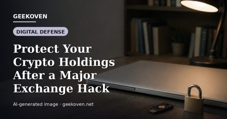 Illustration for the Digital Defense article “Protect Your Crypto Holdings After a Major Exchange Hack”: an AI-generated editorial illustration showing a scene illustrating the subject of the article, with the headline set over it. Illustrative only, not a photograph of a real event.