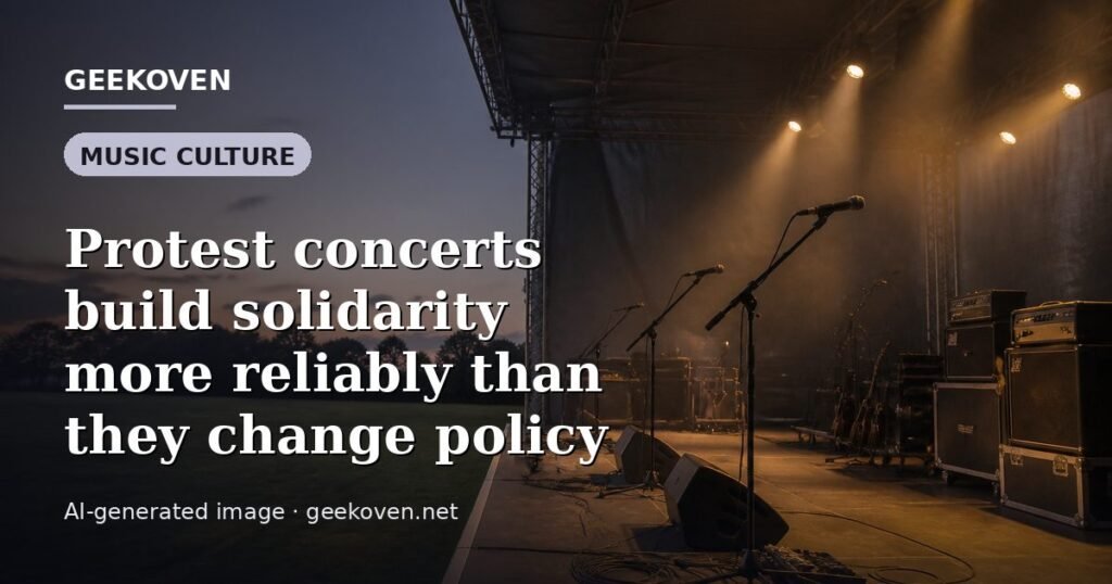 Illustration for the Music Culture article “Protest concerts build solidarity more reliably than they change policy”: an AI-generated editorial illustration showing a scene illustrating the subject of the article, with the headline set over it. Illustrative only, not a photograph of a real event.