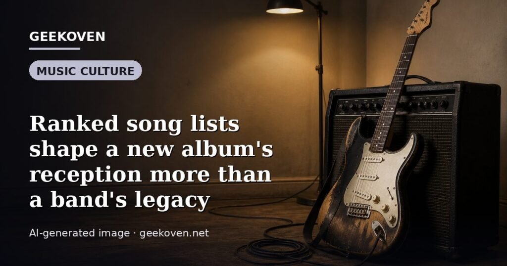 Illustration for the Music Culture article “Ranked song lists shape a new album's reception more than a band's legacy”: an AI-generated editorial illustration showing a scene illustrating the subject of the article, with the headline set over it. Illustrative only, not a photograph of a real event.
