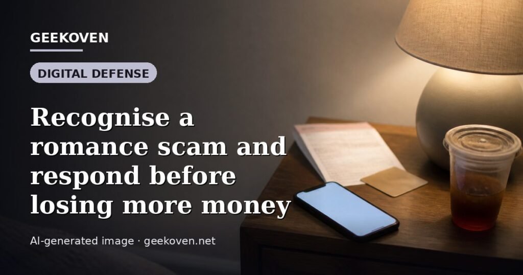 Illustration for the Digital Defense article “Recognise a romance scam and respond before losing more money”: an AI-generated editorial illustration showing a scene illustrating the subject of the article, with the headline set over it. Illustrative only, not a photograph of a real event.