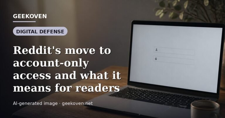 Illustration for the Digital Defense article “Reddit's move to account-only access and what it means for readers”: an AI-generated editorial illustration showing a scene illustrating the subject of the article, with the headline set over it. Illustrative only, not a photograph of a real event.